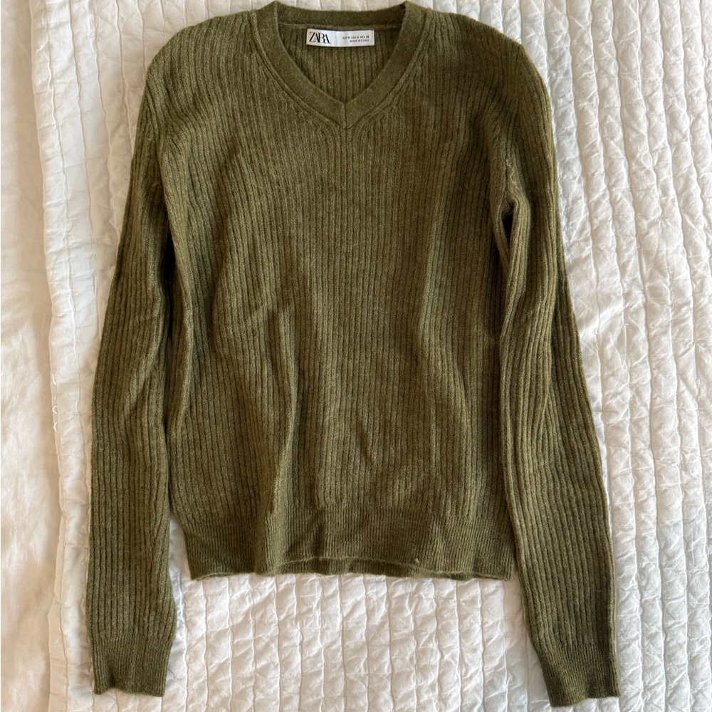 Zara Khaki Ribbed Knit Pullover